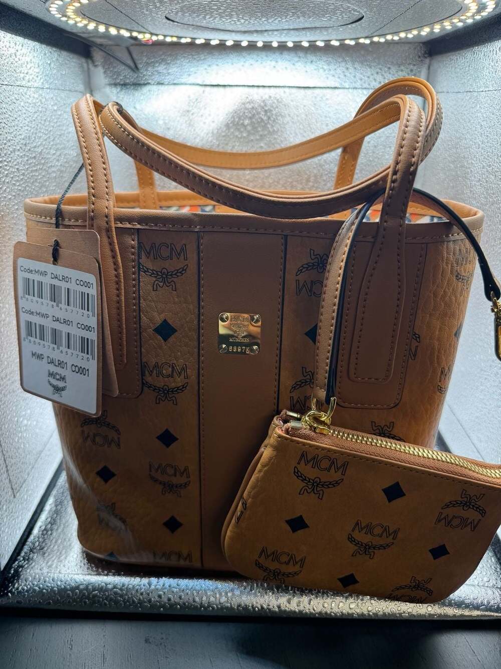 MCM Visetos Liz Shopper Tote Bag Cognac